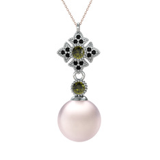 Teimei İnci Kolye - Pembe inci, peridot ve siyah zirkon 8 ayar beyaz altın kolye (40 cm gümüş rolo zincir) #1p23xoq