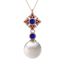 Teimei İnci Kolye - Inci, lab safir ve garnet 14 ayar rose altın kolye (40 cm rose altın rolo zincir) #1p2s35j