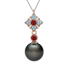 Teimei İnci Kolye - Siyah inci, garnet ve akuamarin 14 ayar rose altın kolye (40 cm gümüş rolo zincir) #1qbt2s2