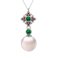 Teimei İnci Kolye - Pembe inci, yeşil kuvars ve garnet 925 ayar gümüş kolye (40 cm beyaz altın rolo zincir) #1qgldn4
