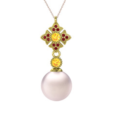 Teimei İnci Kolye - Pembe inci, sitrin ve garnet 14 ayar altın kolye (40 cm rose altın rolo zincir) #1qkrca2
