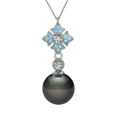 Teimei İnci Kolye - Siyah inci, beyaz zirkon ve akuamarin 8 ayar beyaz altın kolye (40 cm gümüş rolo zincir) #1qp11ln