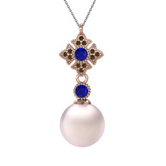 Pembe inci, lab safir ve dumanlı kuvars 8 ayar rose altın kolye (40 cm gümüş rolo zincir)