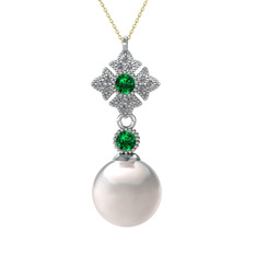 Teimei İnci Kolye - Inci, yeşil kuvars ve pırlanta 925 ayar gümüş kolye (0.1056 karat, 40 cm altın rolo zincir) #1qzjw6c