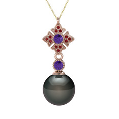 Teimei İnci Kolye - Siyah inci, ametist ve garnet 8 ayar rose altın kolye (40 cm gümüş rolo zincir) #1r34iyv