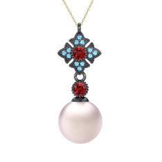 Pembe inci, garnet ve akuamarin 925 ayar siyah rodyum kaplama gümüş kolye (40 cm gümüş rolo zincir)