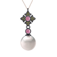 Teimei İnci Kolye - Inci, pembe kuvars ve peridot 925 ayar siyah rodyum kaplama gümüş kolye (40 cm gümüş rolo zincir) #1rkxbbd