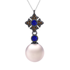 Teimei İnci Kolye - Pembe inci, lab safir ve dumanlı kuvars 925 ayar siyah rodyum kaplama gümüş kolye (40 cm beyaz altın rolo zincir) #1rmif8v