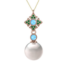 Teimei İnci Kolye - Inci, akuamarin ve yeşil kuvars 14 ayar rose altın kolye (40 cm gümüş rolo zincir) #1rpnc0c