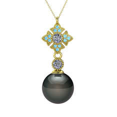 Teimei İnci Kolye - Siyah inci, pırlanta ve akuamarin 8 ayar altın kolye (0.22 karat, 40 cm altın rolo zincir) #1rsxmtv
