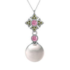 Teimei İnci Kolye - Inci, pembe kuvars ve peridot 8 ayar beyaz altın kolye (40 cm beyaz altın rolo zincir) #1s45dmi