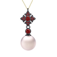Teimei İnci Kolye - Pembe inci ve garnet 925 ayar siyah rodyum kaplama gümüş kolye (40 cm altın rolo zincir) #1s8iyh5