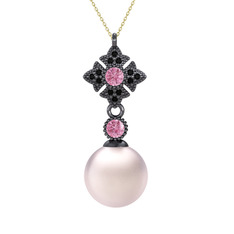 Pembe inci, pembe kuvars ve siyah zirkon 925 ayar siyah rodyum kaplama gümüş kolye (40 cm altın rolo zincir)