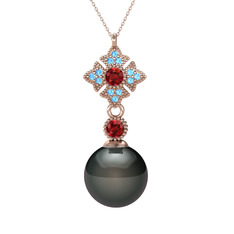 Siyah inci, garnet ve akuamarin 14 ayar rose altın kolye (40 cm rose altın rolo zincir)