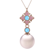 Teimei İnci Kolye - Pembe inci, akuamarin ve pembe kuvars 925 ayar rose altın kaplama gümüş kolye (40 cm gümüş rolo zincir) #1sdgrmf