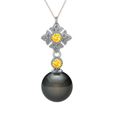 Siyah inci, sitrin ve pırlanta 14 ayar beyaz altın kolye (0.1056 karat, 40 cm rose altın rolo zincir)