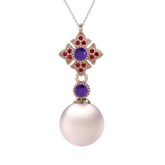 Pembe inci, ametist ve garnet 8 ayar rose altın kolye (40 cm beyaz altın rolo zincir)