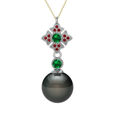 Teimei İnci Kolye - Siyah inci, yeşil kuvars ve garnet 925 ayar gümüş kolye (40 cm gümüş rolo zincir) #1snxtdd