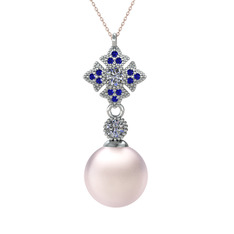Teimei İnci Kolye - Pembe inci, pırlanta ve lab safir 14 ayar beyaz altın kolye (0.22 karat, 40 cm rose altın rolo zincir) #1sukmwt