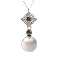 Teimei İnci Kolye - Inci, peridot ve pembe kuvars 925 ayar gümüş kolye (40 cm beyaz altın rolo zincir) #1sx531h