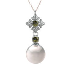 Teimei İnci Kolye - Inci, peridot ve beyaz zirkon 8 ayar beyaz altın kolye (40 cm rose altın rolo zincir) #1t178nf