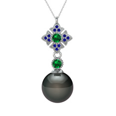 Teimei İnci Kolye - Siyah inci, yeşil kuvars ve lab safir 14 ayar beyaz altın kolye (40 cm beyaz altın rolo zincir) #1tf319h