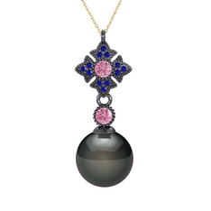 Teimei İnci Kolye - Siyah inci, pembe kuvars ve lab safir 925 ayar siyah rodyum kaplama gümüş kolye (40 cm gümüş rolo zincir) #1tqywfd