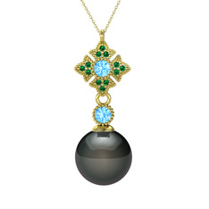 Teimei İnci Kolye - Siyah inci, akuamarin ve yeşil kuvars 14 ayar altın kolye (40 cm gümüş rolo zincir) #1ts6wr8