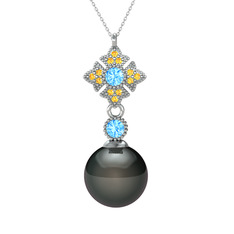 Siyah inci, akuamarin ve sitrin 8 ayar beyaz altın kolye (40 cm beyaz altın rolo zincir)