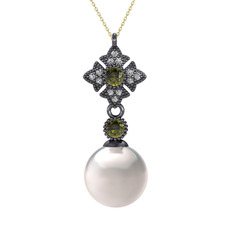 Teimei İnci Kolye - Inci, peridot ve beyaz zirkon 925 ayar siyah rodyum kaplama gümüş kolye (40 cm altın rolo zincir) #1udkwm9