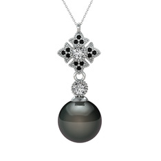 Teimei İnci Kolye - Siyah inci, beyaz zirkon ve siyah zirkon 925 ayar gümüş kolye (40 cm beyaz altın rolo zincir) #1ulmmt9