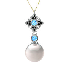 Inci, akuamarin ve siyah zirkon 925 ayar gümüş kolye (40 cm gümüş rolo zincir)