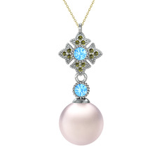 Teimei İnci Kolye - Pembe inci, akuamarin ve peridot 8 ayar beyaz altın kolye (40 cm altın rolo zincir) #1uuh8db
