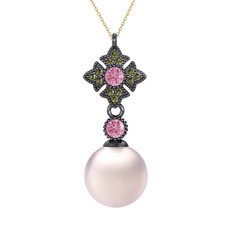 Teimei İnci Kolye - Pembe inci, pembe kuvars ve peridot 925 ayar siyah rodyum kaplama gümüş kolye (40 cm altın rolo zincir) #1v215y3
