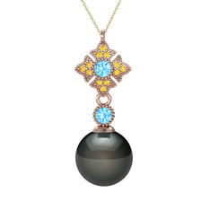 Siyah inci, akuamarin ve sitrin 14 ayar rose altın kolye (40 cm gümüş rolo zincir)