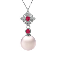 Teimei İnci Kolye - Pembe inci, rodolit garnet ve beyaz zirkon 925 ayar gümüş kolye (40 cm gümüş rolo zincir) #1va1com