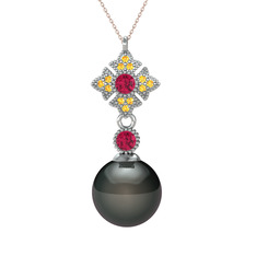 Teimei İnci Kolye - Siyah inci, rodolit garnet ve sitrin 8 ayar beyaz altın kolye (40 cm rose altın rolo zincir) #1vk2hb4