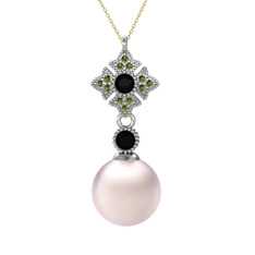 Teimei İnci Kolye - Pembe inci, siyah zirkon ve peridot 8 ayar beyaz altın kolye (40 cm altın rolo zincir) #1vknsr8