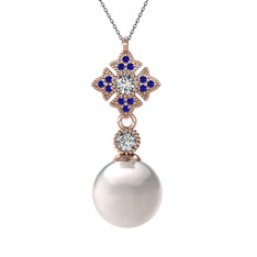 Teimei İnci Kolye - Inci, beyaz zirkon ve lab safir 8 ayar rose altın kolye (40 cm gümüş rolo zincir) #1vo5r74