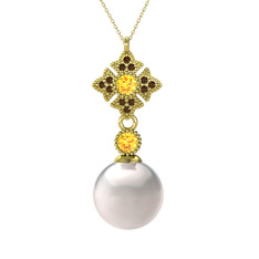 Inci, sitrin ve dumanlı kuvars 14 ayar altın kolye (40 cm gümüş rolo zincir)