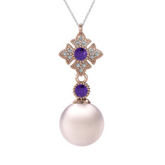 Pembe inci, ametist ve beyaz zirkon 8 ayar rose altın kolye (40 cm beyaz altın rolo zincir)