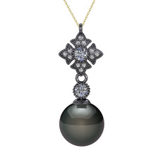 Teimei İnci Kolye - Siyah inci, pırlanta ve beyaz zirkon 925 ayar siyah rodyum kaplama gümüş kolye (0.22 karat, 40 cm gümüş rolo zincir) #1w6p0x4