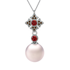 Pembe inci, garnet ve dumanlı kuvars 8 ayar beyaz altın kolye (40 cm gümüş rolo zincir)