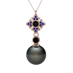 Teimei İnci Kolye - Siyah inci, siyah zirkon ve lab safir 14 ayar rose altın kolye (40 cm gümüş rolo zincir) #1wbmlln
