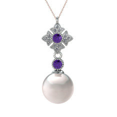 Inci, ametist ve pırlanta 14 ayar beyaz altın kolye (0.1056 karat, 40 cm rose altın rolo zincir)