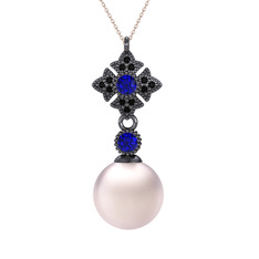 Teimei İnci Kolye - Pembe inci, lab safir ve siyah zirkon 925 ayar siyah rodyum kaplama gümüş kolye (40 cm rose altın rolo zincir) #1wgrziu
