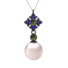Teimei İnci Kolye - Pembe inci, peridot ve lab safir 925 ayar siyah rodyum kaplama gümüş kolye (40 cm rose altın rolo zincir) #1wqiq3q