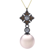 Pembe inci, pırlanta ve dumanlı kuvars 925 ayar siyah rodyum kaplama gümüş kolye (0.22 karat, 40 cm altın rolo zincir)