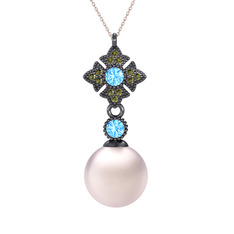 Teimei İnci Kolye - Pembe inci, akuamarin ve peridot 925 ayar siyah rodyum kaplama gümüş kolye (40 cm rose altın rolo zincir) #1x26fpj