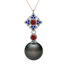 Teimei İnci Kolye - Siyah inci, garnet ve lab safir 8 ayar beyaz altın kolye (40 cm rose altın rolo zincir) #1xmgakz